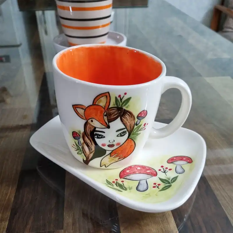 ست لیوان و زیرلیوانی سرامیکی طرح دختر و روباه