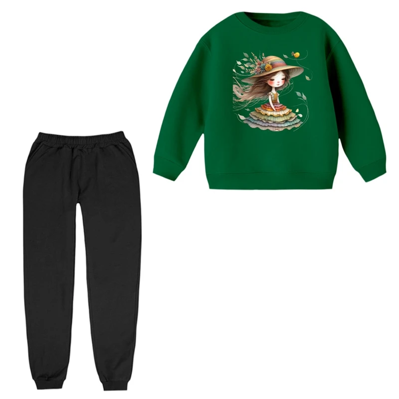 ست سویشرت و شلوار راحتی بچگانه مدل دخترک و برگ 