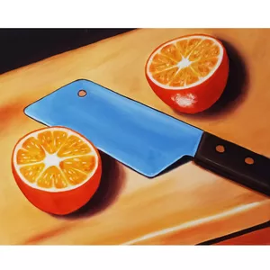 تابلو نقاشی رنگ روغن طرح میوه پرتقال و کارد کد 108