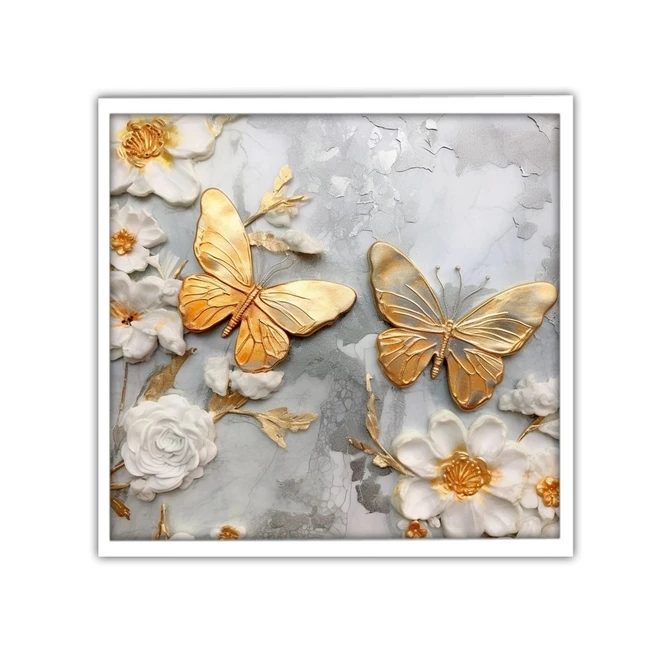 تابلو نوری بکلیت طرح گرافیکی پروانه طلایی و گل سفید مدل لایت باکس W-MID-19698