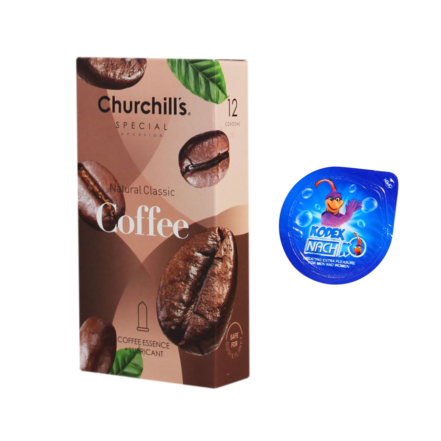 کاندوم چرچیلز مدل Coffee بسته 12 عددی به همراه کاندوم ناچ کدکس مدل بلیسر