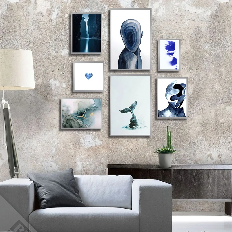 تابلو ساده بکلیت طرح دکوراتیو نقاشی مینیمال چهره و قلب مدل شاین اکلیلی SI-3031 فریم نقره ای مجموعه 7 عددی