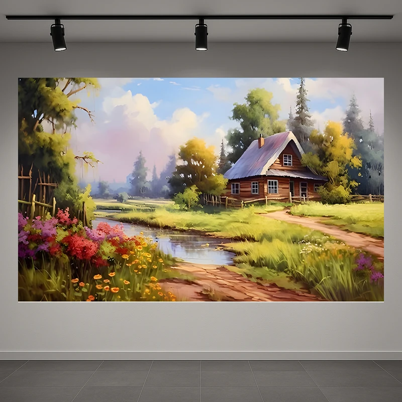 تابلو بوم طرح مخمل نقاشی مدل کلبه طبیعت کد AR3059696