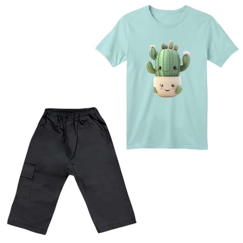 ست تی‌شرت آستین کوتاه و شلوارک دخترانه مدل کاکتوس کد ۲