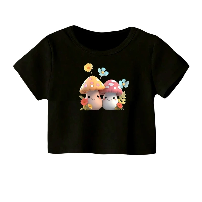 کراپ‌ تی‌شرت آستین کوتاه زنانه مدل قارچ ها