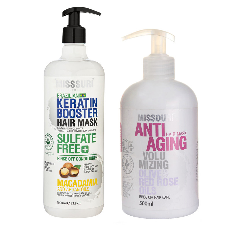  ماسک مو میسوری مدل KERATIN BOOSTER مناسب برای موهای خشک حجم 1000 میلی لیتر به همراه ماسک مو میسوری مدل زیتون مناسب برای موهای خشک حجم 500 میلی لیتر