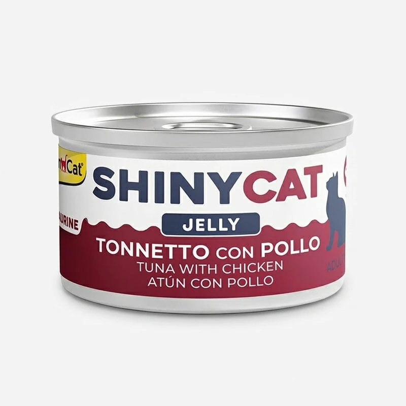 کنسرو غذای گربه بالغ جیم کت مدل ShinyCat Tuna & Chicken in Jelly طعم ماهی تن و مرغ وزن 70 گرم
