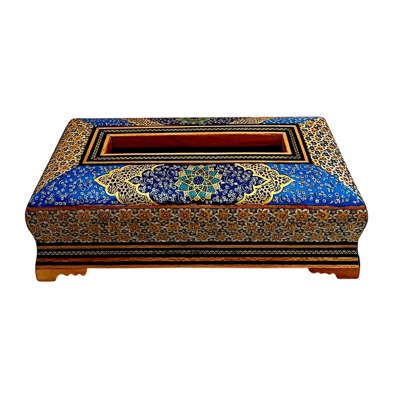 جعبه دستمال کاغذی خاتم کاری چوبی مدل تذهیب طرح شوکران کد TT