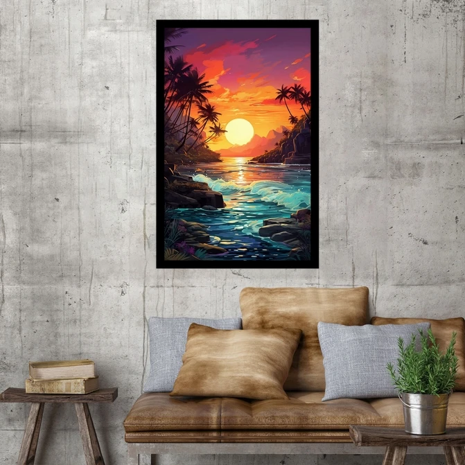 تابلو نوری بکلیت طرح نقاشی رنگ روغن دریا و غروب خورشید مدل B-MID-18164