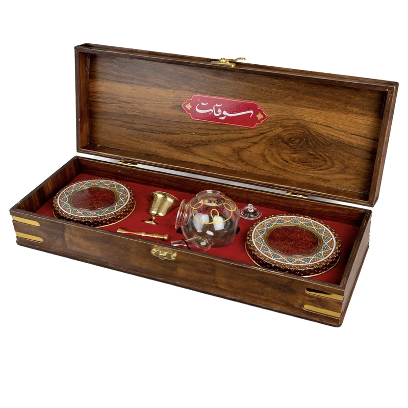 زعفران سرگل کادویی سوقات - 1 مثقال به همراه هاون و قوری مجموعه 4 عددی