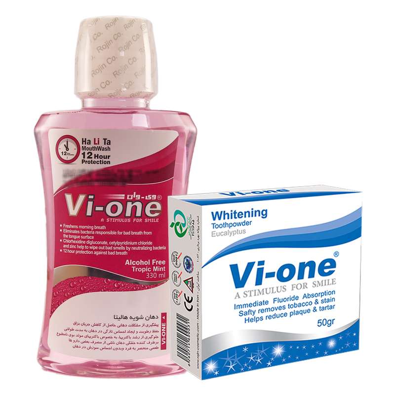 دهان شویه وی وان مدل هالیتا حجم 330 میلی لیتر به همراه پودر سفید کننده مدل eucalyptus وزن 50 گرم