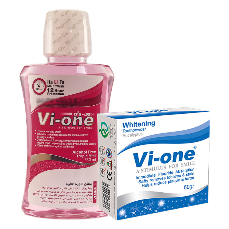 دهان شویه وی وان مدل هالیتا حجم 330 میلی لیتر به همراه پودر سفید کننده مدل eucalyptus وزن 50 گرم