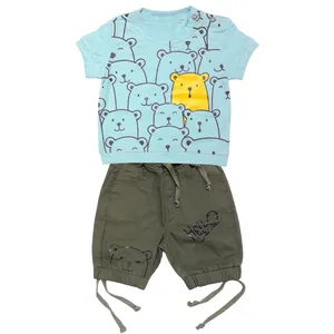 ست تی شرت و شلوارک پسرانه طرح خرس کد 3336 رنگ آبی