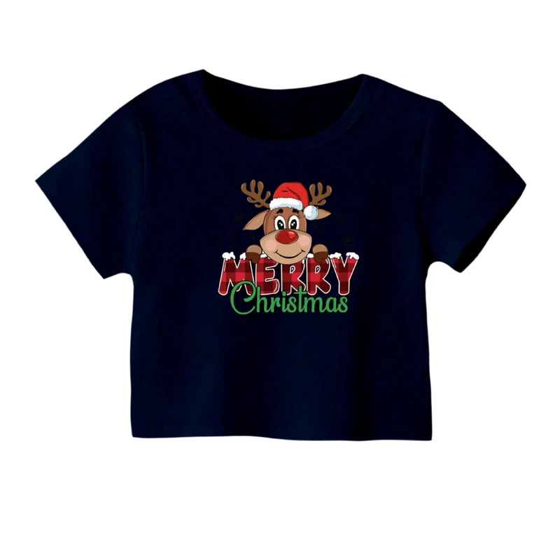 کراپ‌ تی‌شرت آستین کوتاه زنانه مدل گوزن کریسمس کد 24