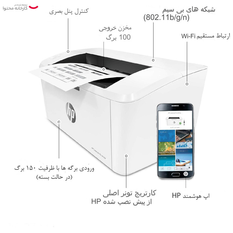 پرینتر اچ پی تک رنگ تک کاره با چاپ لیزری مدل LaserJet Pro M15w، سایز چاپ A4، قابلیت‌ چاپ مستقیم PictBridge، اتصال به WiFi