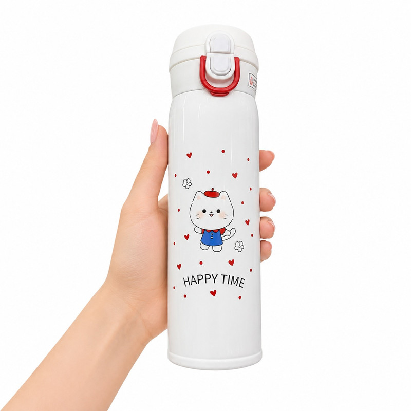 قمقمه کودک مدل گربه Happy Time دوحالته نی‌دار و آسان‌نوش دار soosoo07 گنجایش 0.50 لیتر