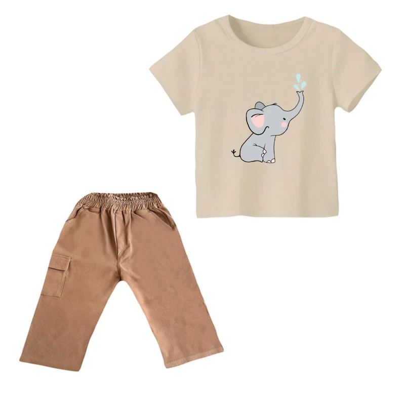 ست تی شرت و شلوارک دخترانه مدل فیل کد ۲۰ رنگ کرم