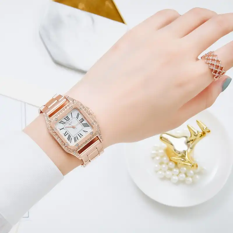 ساعت مچی عقربه ای زنانه مدل قاب دور نگین بند فلزی کد 3