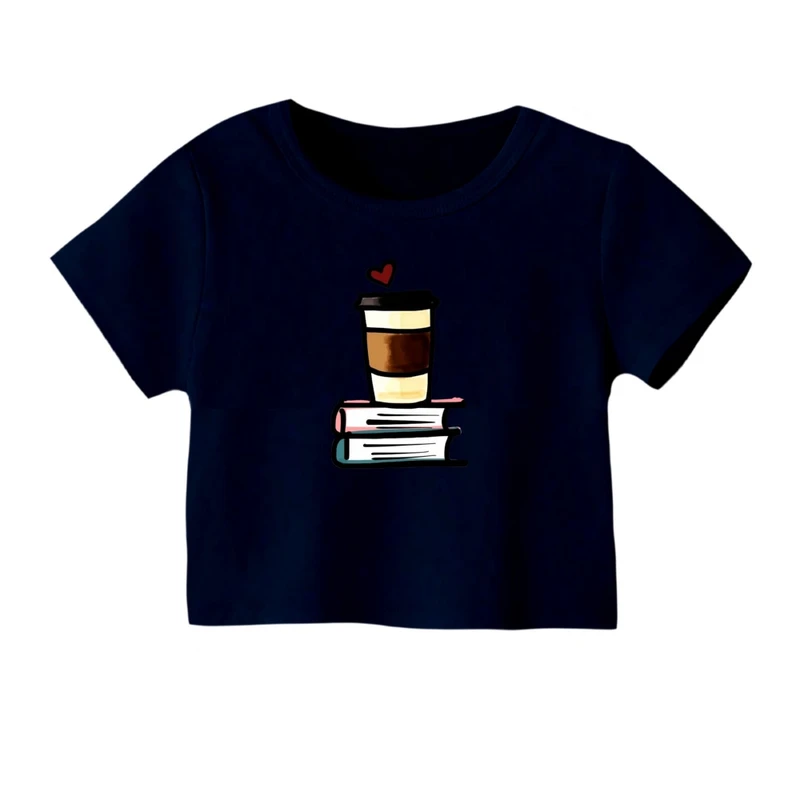 کراپ‌ تی‌شرت آستین کوتاه زنانه مدل کتاب و کافی