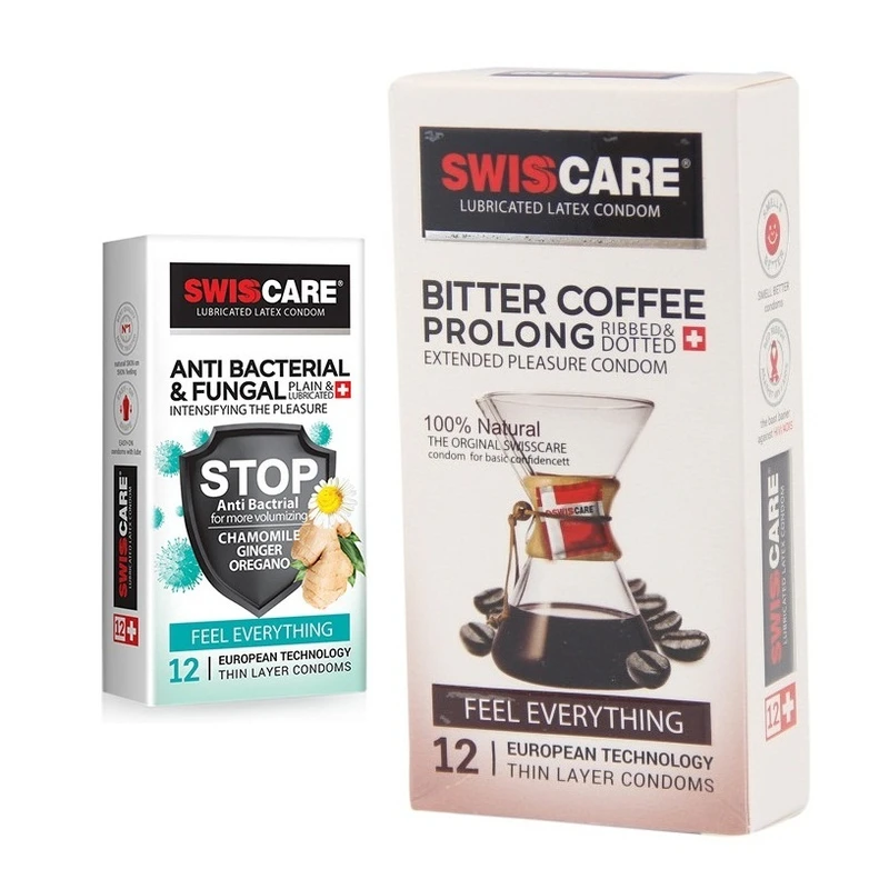 کاندوم سوئیس کر مدل ANTI BACTERIAL بسته 12 عددی  به همراه کاندوم سوئیس‌کر مدل Coffee Prolong بسته 12 عددی