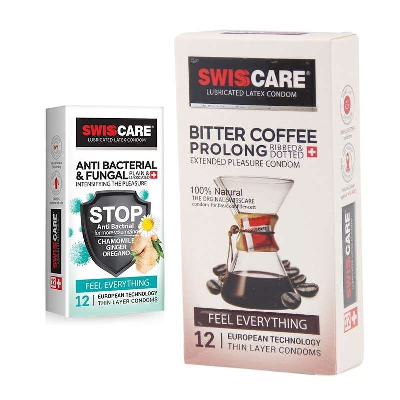 کاندوم سوئیس کر مدل ANTI BACTERIAL بسته 12 عددی به همراه کاندوم سوئیس کر مدل Coffee Prolong بسته 12 عددی