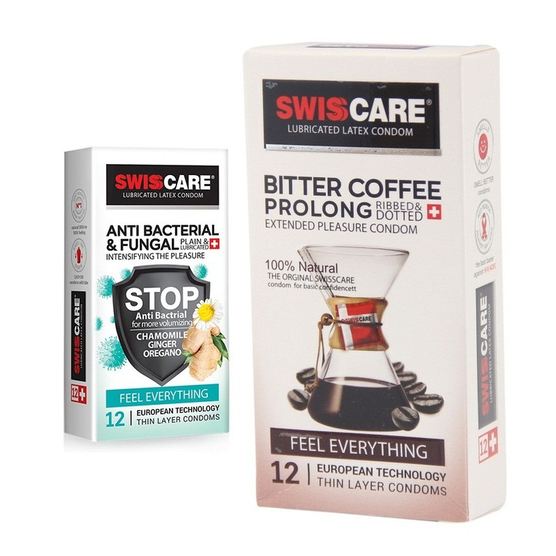 کاندوم سوئیس کر مدل ANTI BACTERIAL بسته 12 عددی  به همراه کاندوم سوئیس‌کر مدل Coffee Prolong بسته 12 عددی