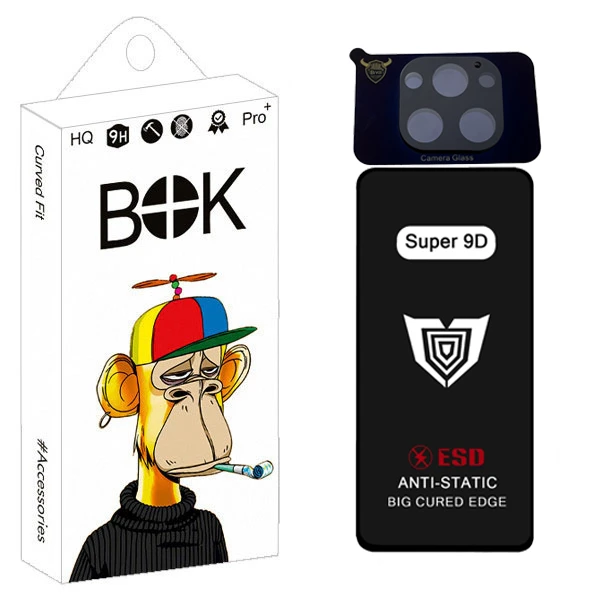 محافظ صفحه نمایش بوک مدل Super 9D Touch مناسب برای گوشی موبایل اپل iPhone 13 pro max به همراه محافظ لنز دوربین