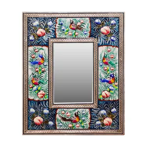 آینه خاتم کاری چوبی صنایع دستی فاخر مدل مینیاتور طرح گل و مرغ برجسته کد DBl24p20