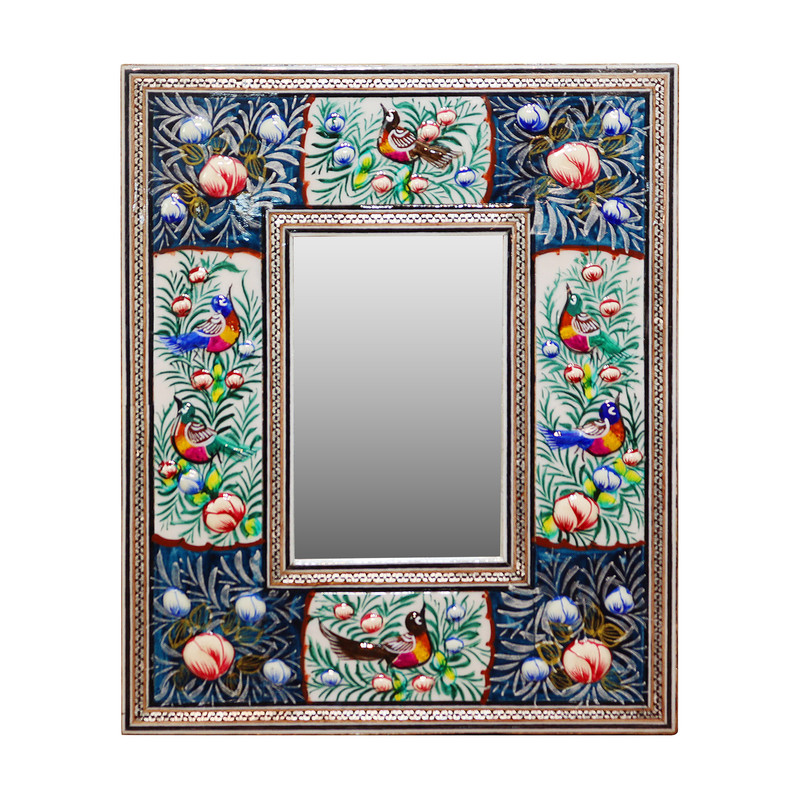آینه خاتم کاری چوبی صنایع دستی فاخر مدل مینیاتور طرح گل و مرغ برجسته کد DBl24p20