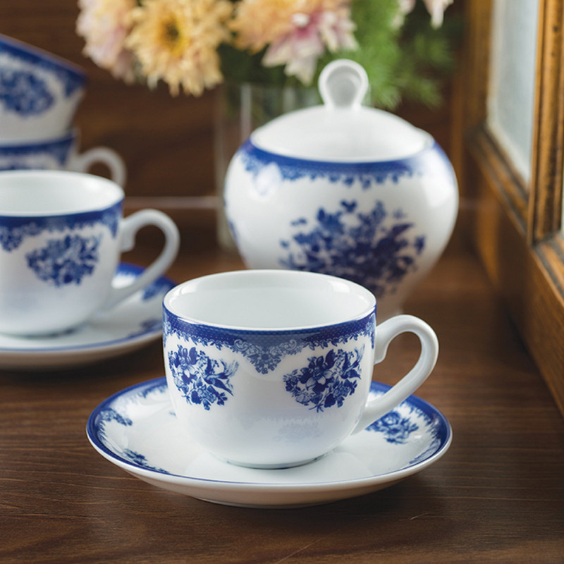 ست فنجان نعلبکی 12 پارچه چینی زرین ایران مدل چای خوری ایتالیا اف 8 فلورانس سرمه ای درجه 3