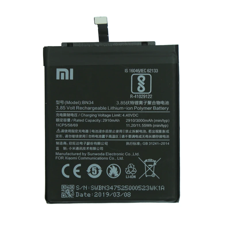 باتری موبایل شیائومی مدل BN34 ظرفیت 2910 میلی آمپر ساعت مناسب برای گوشی موبایل شیائومی Redmi 5A