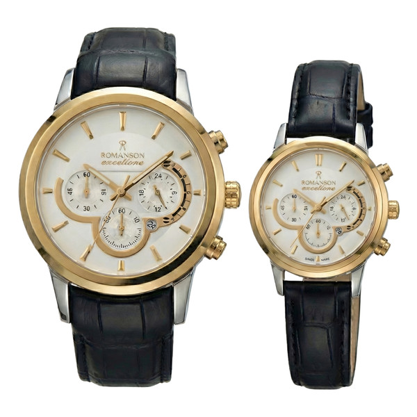ست ساعت مچی عقربهای کوارتز زنانه و مردانه رومانسون مدل اسپرت لوکس تک موتوره بند چرم قفل فیکس کد R2j