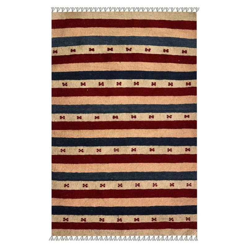 گلیم دستبافت کناره یک متر مدل قشقایی کد NKP.RJ98 زمینه قرمز