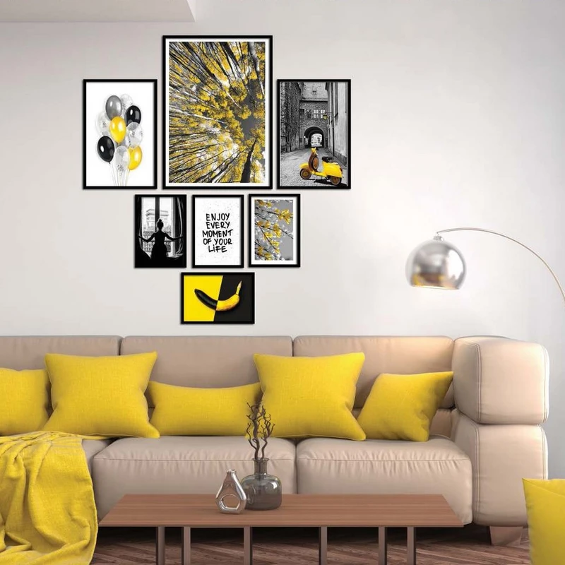 تابلو بکلیت طرح منظره جنگل و جمله انگیزشی مدل شاین اکلیلی B-2234 فریم مشکی مجموعه 7 عددی