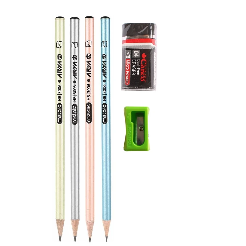مداد مشکی آریا مدل متالیک به همراه پاک کن و تراش مجموعه 6 عددی