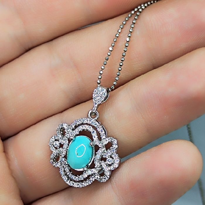 گردنبند نقره زنانه مدل سنگ فیروزه نیشابور آبکاری رادیوم کد 34040 -  - 5