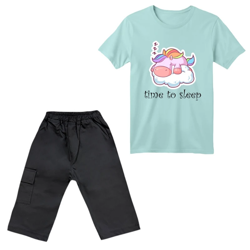 ست تی‌شرت آستین کوتاه و شلوارک دخترانه مدل یونیکورن کد ۳