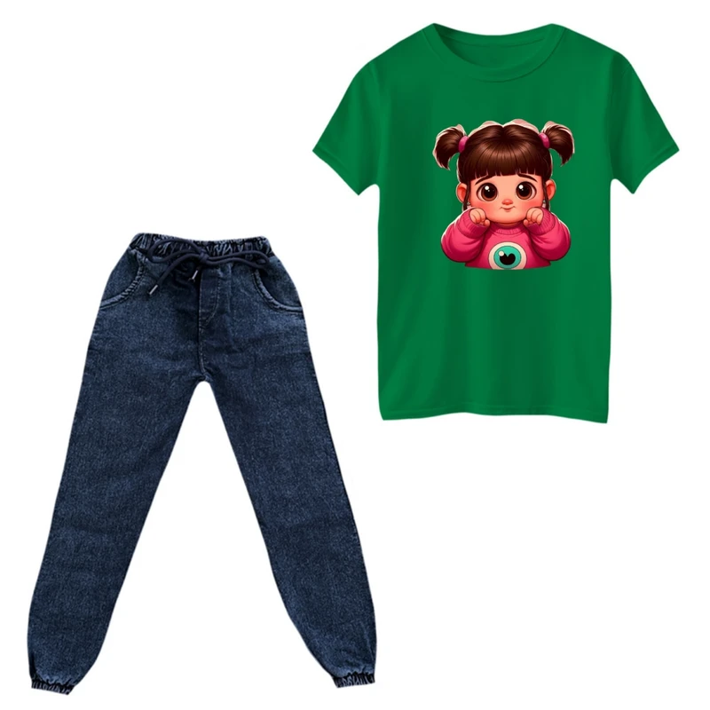 ست تی‌شرت و شلوار دخترانه مدل دخترک تپل رنگ سبز