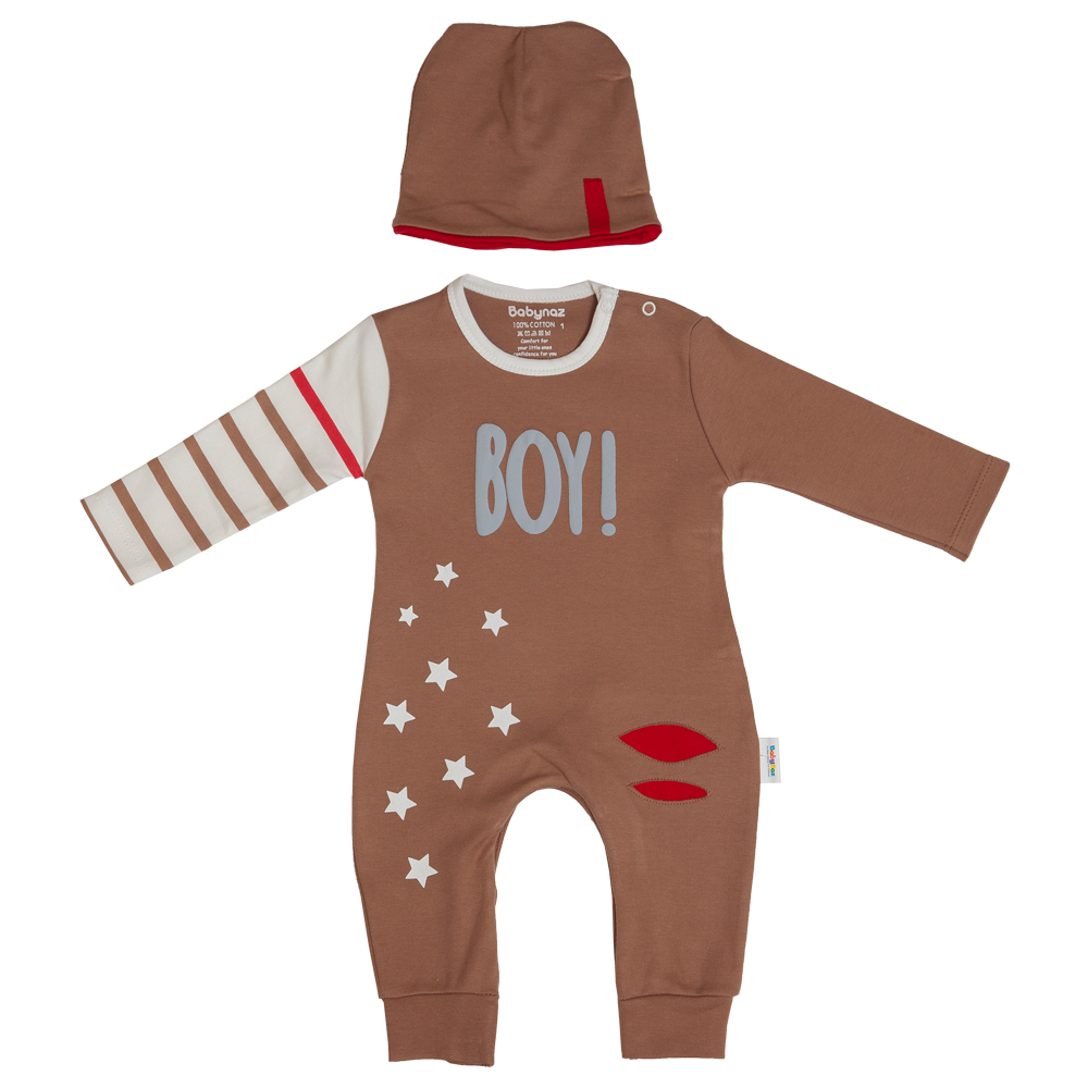   ست سرهمی و کلاه نوزادی پسرانه بی بی ناز طرح BOY مدل 1002