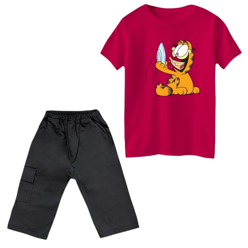 ست تی‌شرت و شلوارک پسرانه مدل گارفیلد کد 12 رنگ سرخابی