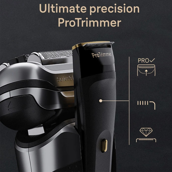 ماشین اصلاح موی صورت شارژی براون مدل 9569cc 9PRO Plus با تیغه تیتانیوم پیشرفته، ضد آب، استفاده خشک و مرطوب، اصلاح صفر، نمایشگر میزان شارژ، سنسور تشخیص تراکم مو، خط زن حرفه‌ای، پایه شستشو ۶ کاره و کیف همراه