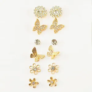 گوشواره زنانه طرح گل و پروانه نگین دار مجموعه 6 عددی