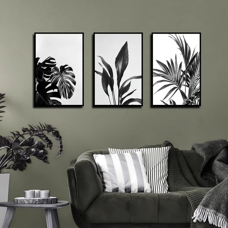 تابلو بکلیت طرح طبیعت و برگ مدل B-3942 فریم مشکی مجموعه 3 عددی