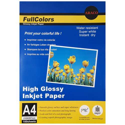 کاغذ چاپ عکس فتوگلاسه آراکو مدل 200g سایز A4 بسته 100 عددی
