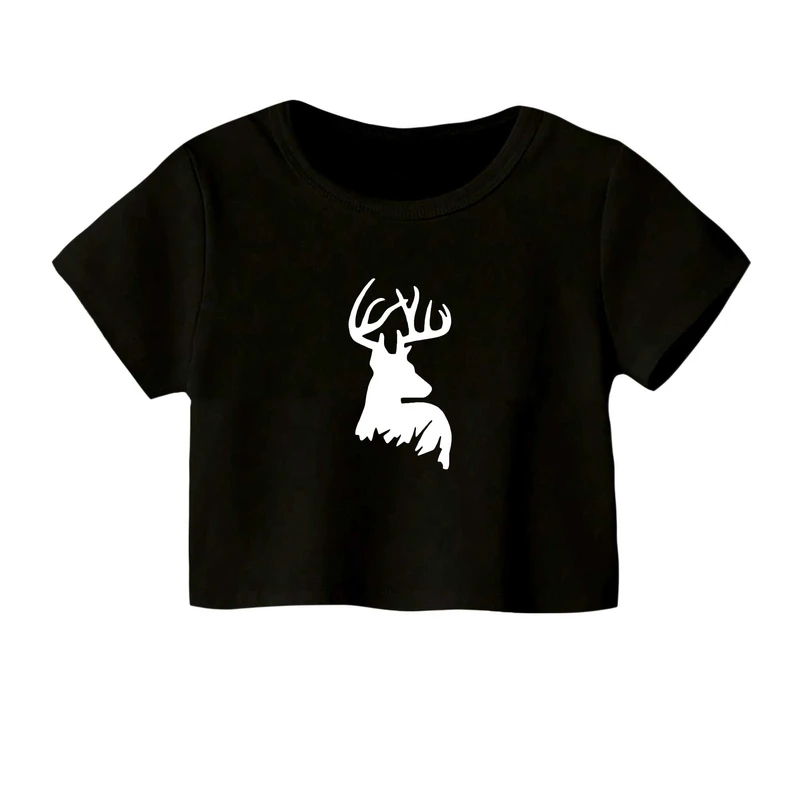 کراپ‌ تی‌شرت آستین کوتاه زنانه مدل گوزن کد 1