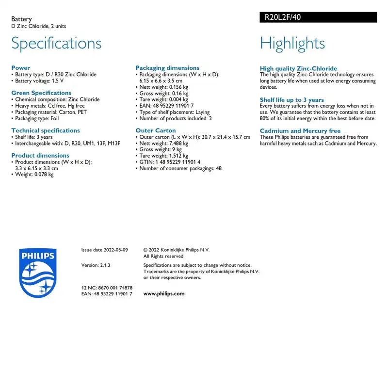 باتری بزرگ D فیلیپس مدل لانگ لایف بسته دو عددی