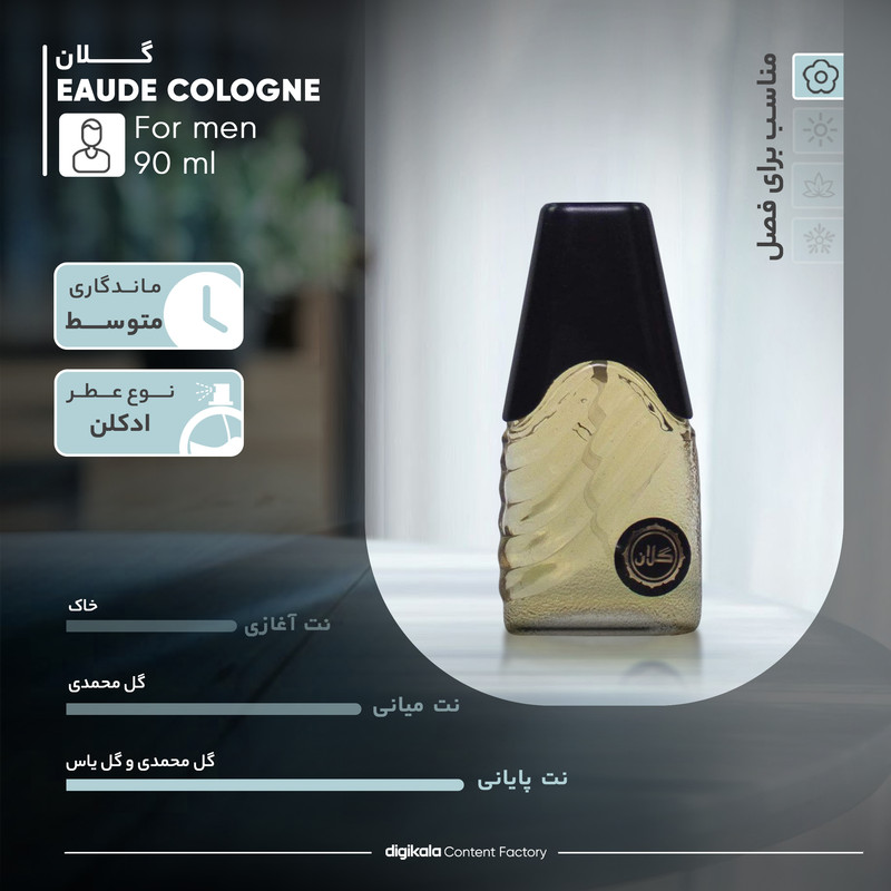 ادکلن مردانه گلان، مدل EAU DE COLOGNE با حجم 90 میلی‌لیترو رایحه خنک، ساختار رایحه از صمغ، با ماندگاری متوسط، مناسب فصل بهار، نت آغازین خاک، نت میانی گل محمدی، نت پایانی گل محمدی و گل یاس