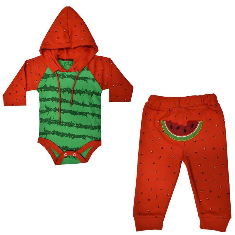ست بادی آستین بلند و شلوار نوزادی طرح هندوانه مدل baby one