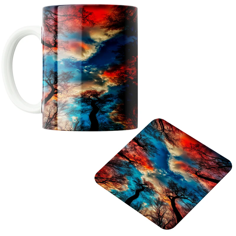 ماگ پاد آفرین مدل درختان در غروب کد 01 به همراه زیر لیوانی