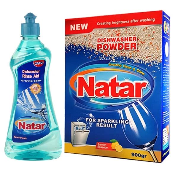 پودر ماشین ظرفشویی ناتار مدل لیمو وزن 900 گرم  به همراه مایع براق کننده ماشین ظرفشویی ناتار مدل 01 حجم 500 میلی لیتر